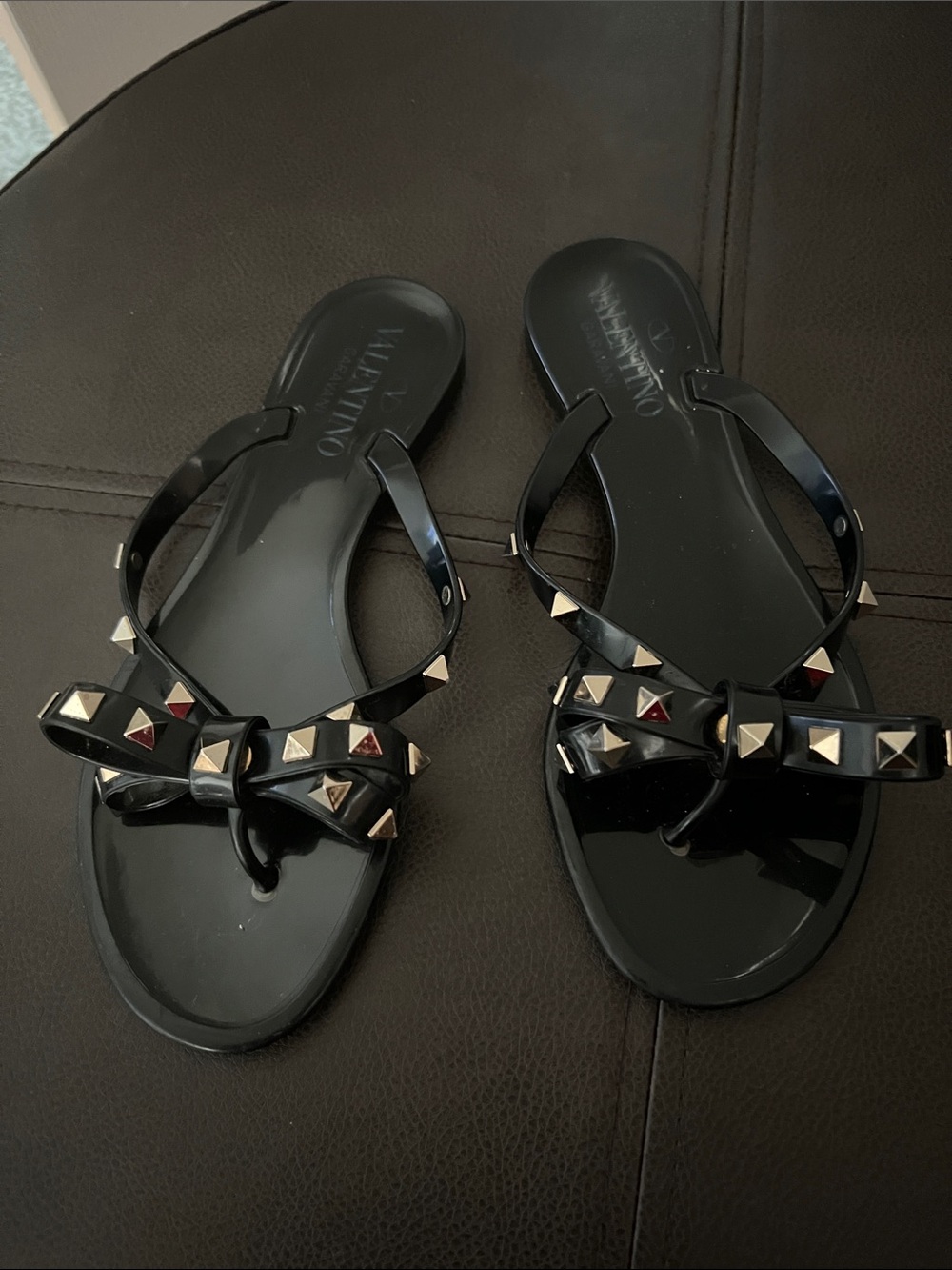 Valentino Black Rockstud Bow Jelly Thong Sandals